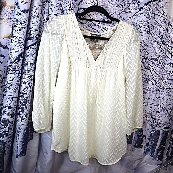 METALLIC CREAM LACE BLOUSE L Ivory White Gold Swim Cover Sheer Lined Boxy Summer - Picture 2 of 9